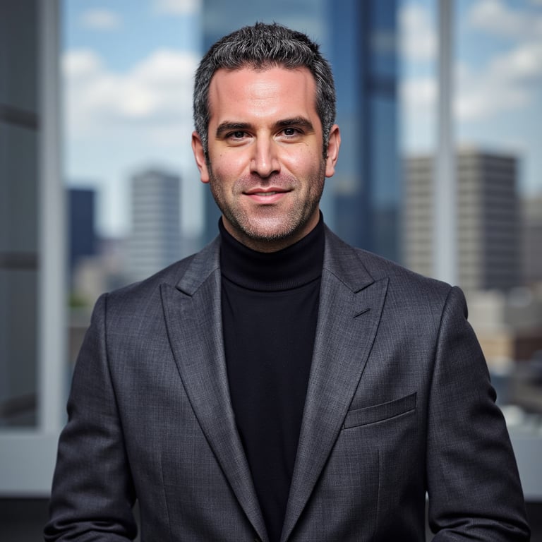 man wearing a charcoal gray turtleneck sweater, with his chin slightly raised, e
