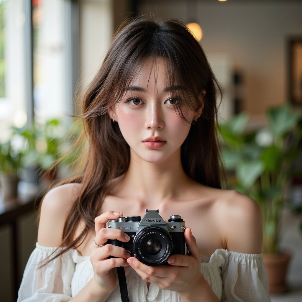 Portrait of a documentary-style photographer holding a camera with both hands, windblown hair, raw natural lighting, capturing the spirit of World Photography Day