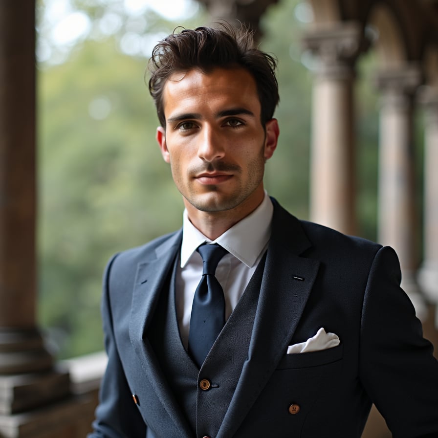 Man in suit, cinematic close-up, moody composition, professional.