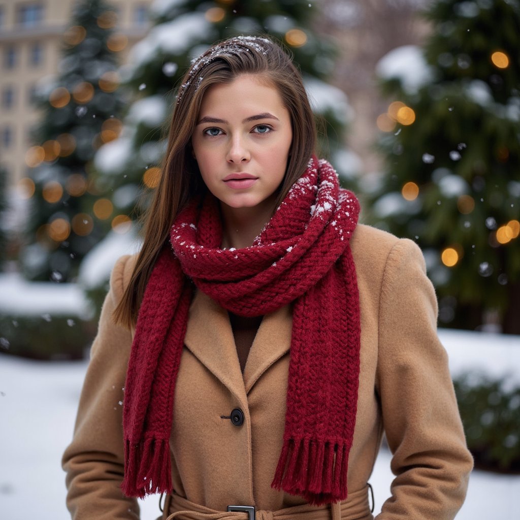 Waist-up winter portrait of a woman outdoors in softly falling snow (snow frozen in shallow DOF but no subject motion). She wears a camel wool coat belted at the waist and a thick red knitted scarf with visible chunky stitching. Hair: straight, long, tucked inside the scarf; a few flyaway strands adding realism. Makeup: satin warm-nude lips, lightly flushed cheeks, soft brown eyeliner. Lighting: natural overcast daylight softened by snow, with a faint silver reflector fill from below. Background: blurred evergreen trees with a few warm twinkle lights; minimal clutter. Camera: 85mm f/2, eye-level; highly realistic, highly detailed, HDR, clear snowflakes on hair and coat fibers.