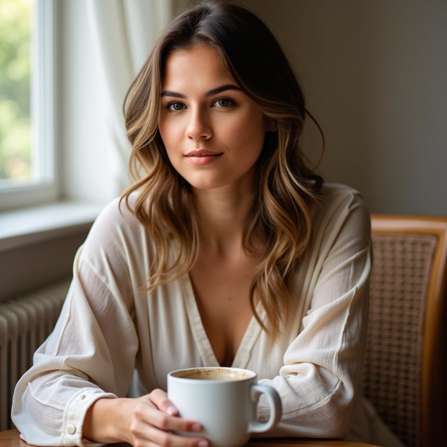 woman with a soft, playful expression. She is styled in comfortable, elegant clothing, sitting in a well-lit room with a cup of coffee or leaning against a rustic wooden fence. The image should highlight her natural charm and relatability