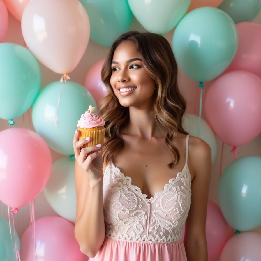 A model surrounded by pastel-colored heart-shaped balloons, wearing a pink and white dress with lace details, holding a cupcake with heart sprinkles.