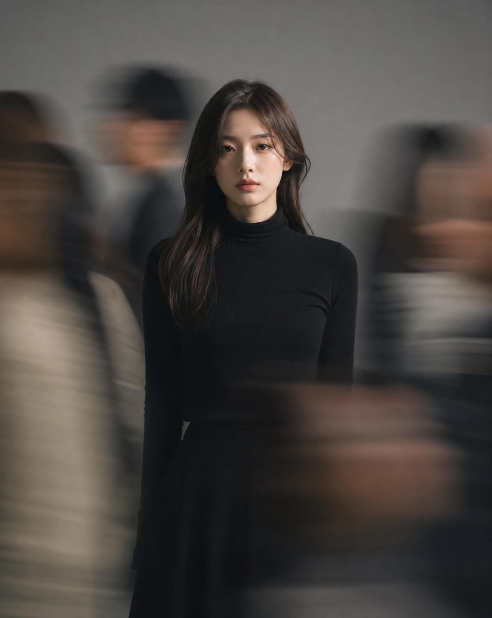 Ultra-realistic cinematic portrait of a young woman standing still while people move quickly around her, creating strong motion blur on both sides. She looks directly at the camera with a calm, slightly melancholic expression. Pale natural skin, soft minimal makeup, loose dark brown hair framing her face. Wearing a sleek black turtleneck outfit with a minimalist aesthetic. The subject is perfectly sharp while the surrounding figures are blurred in motion, creating a sense of isolation in a busy environment. Soft diffused studio lighting, muted grey background, shallow depth of field, dreamy atmosphere, editorial fashion photography, 85mm lens, f1.4, soft film grain, high detail, cinematic composition