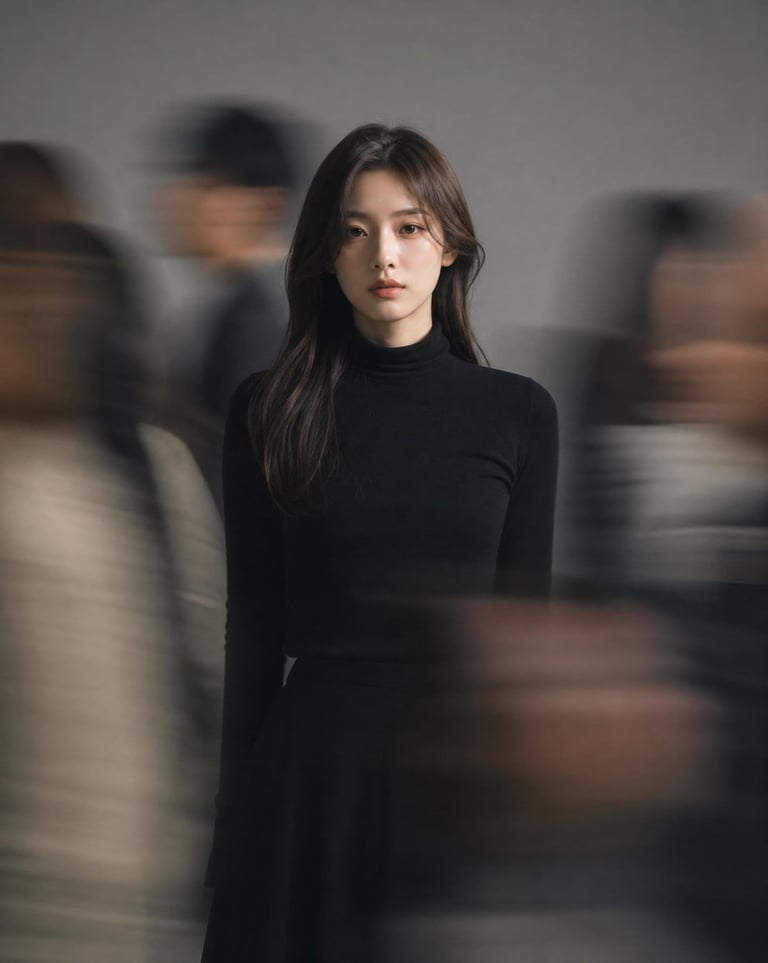 Ultra-realistic cinematic portrait of a young woman standing still while people 
