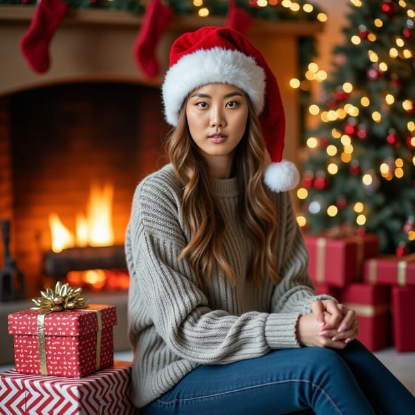 A cheerful woman wearing a cozy knit sweater and Santa hat sits by a roaring fireplace, surrounded by gift-wrapped boxes. The background features stockings hung on the mantle and a twinkling Christmas tree