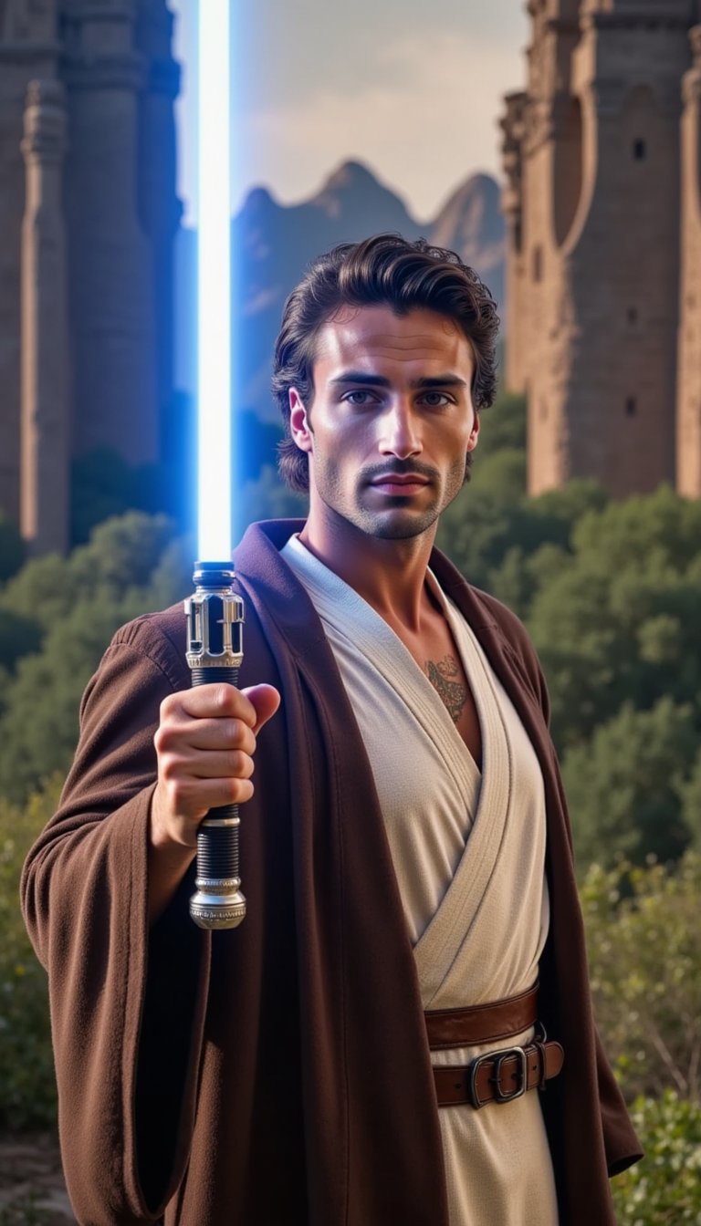 In the foreground, a Jedi Knight with a glowing blue lightsaber stands, their peaceful expression framed by flowing brown robes. Behind them, the ancient forest temple fades slightly into shadows as soft sunlight filters through the trees. In the background, the stylized architecture of Coruscant shimmers with a futuristic cityscape design.  
