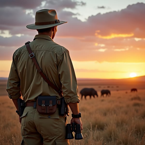man wearing rugged safari outfit, khaki clothes, and a pith helmet, holding a pair of binoculars and standing in front of a majestic African savannah landscape at sunset.