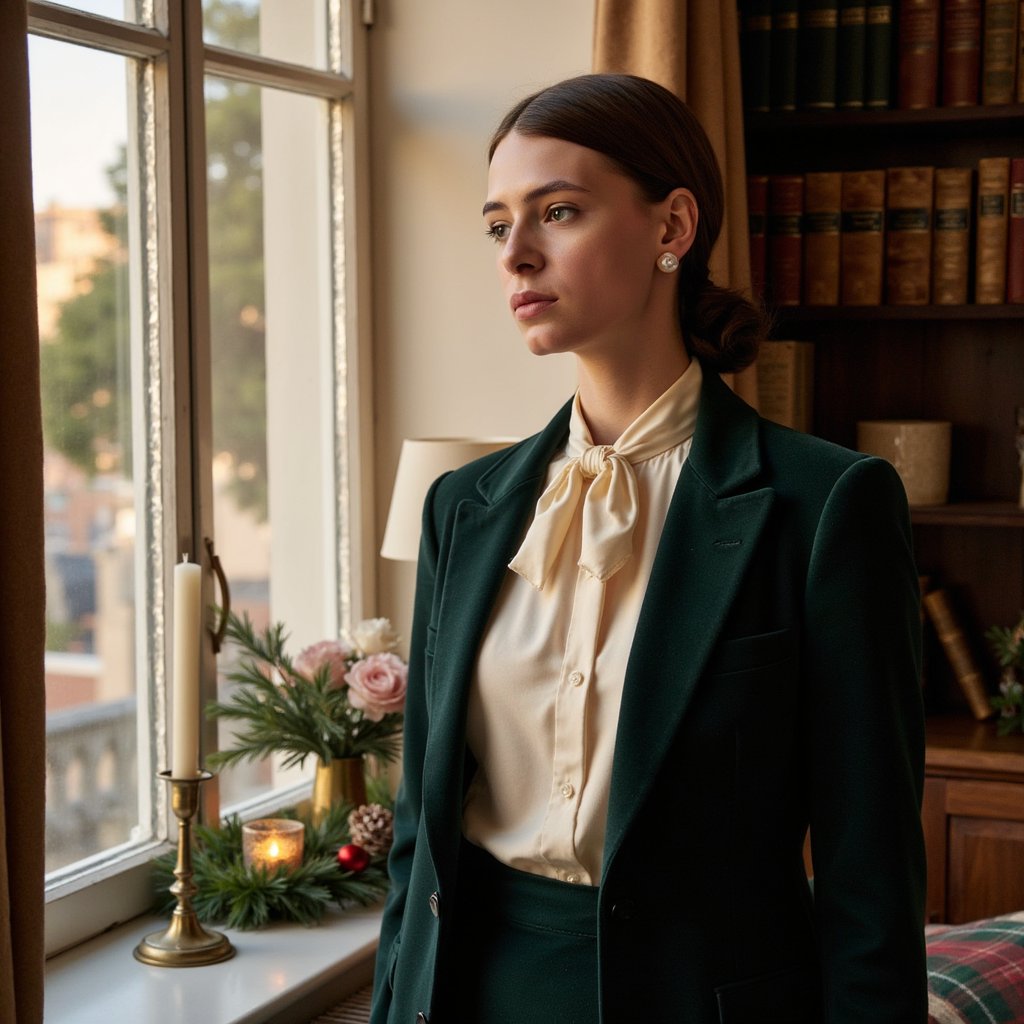 A refined woman by a tall arched window, bathed in warm golden-hour sunlight; soft shadows contour her face. Hairstyle: side-parted, soft low curls tucked behind one ear. Attire: cream silk blouse with a high neck bow, deep forest-green velvet blazer. Fabric details: lustrous silk sheen, subtle velvet texture catching light at lapels. Camera: eye-level, 85mm, f/1.6 for smooth background blur. Lighting: warm sun rim through window glass + faint ambient fill from the room. Background: blurred library shelves with aged books, a small brass lamp, subtle festive garland; minimal elements. Pose: chin slightly lifted, relaxed confidence. Render: highly detailed, highly realistic, HDR; visible hair strands, fabric grain, skin pores.