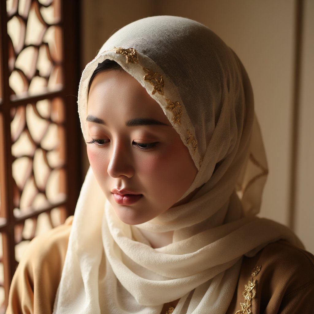 Close-up headshot of a woman in an elegant hijab with gold embroidery, eyes closed in reflection, soft background lights resembling Mawlid night ambiance