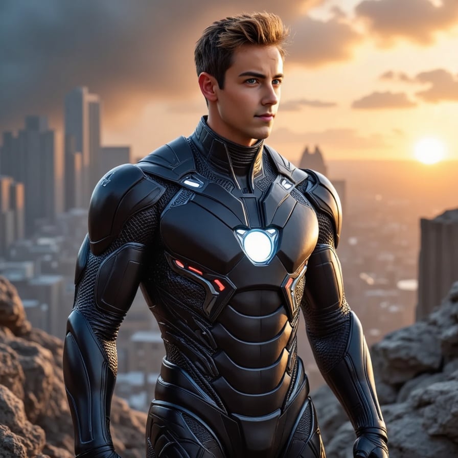 Stoic male superhero inspired by Iron Man and Black Panther, nano-tech suit partially transforming, city in ruins behind, reflective visor, dramatic sunset backdrop, Marvel movie still quality