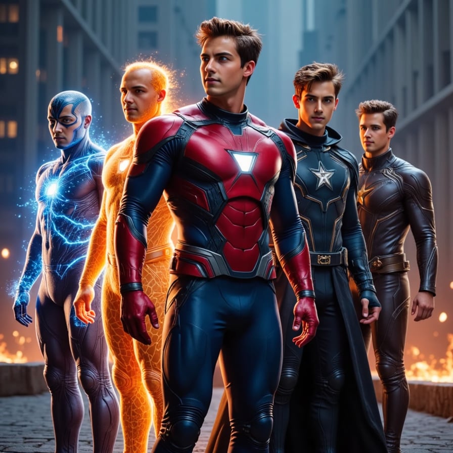Four cinematic superhero portraits: one in chrome exosuit with electric sparks, one in fiery elemental armor, one in star-covered cosmic robe, and one in dark leather suit on a rooftop, night-time urban setting