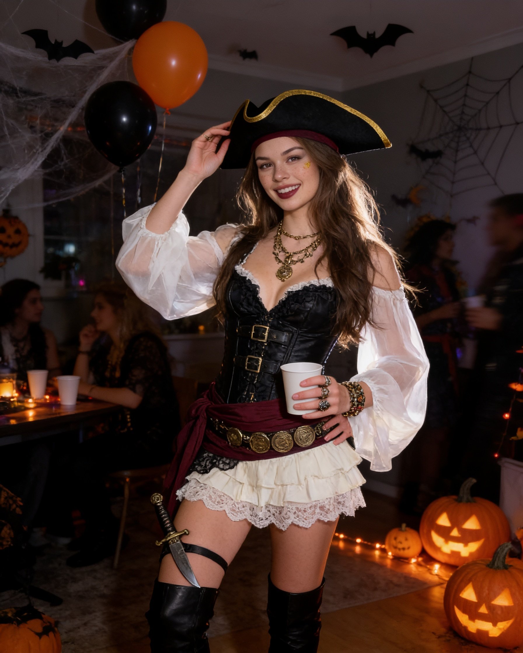 Create a highly realistic, Pinterest-worthy candid photograph of a woman wearing a bold pirate-inspired Halloween costume at an actual Halloween house party late at night. The photograph should look like a real picture saved from Pinterest or an Instagram Halloween photo dump, casually captured by a friend on an iPhone. The image must feel effortless, spontaneous, slightly messy, stylish, and genuinely human — never like a professional photoshoot or an AI-generated fashion image.
FACE REFERENCE — IDENTITY ONLY: Use my uploaded face reference exclusively to preserve the woman’s facial identity and recognizable features. Do not copy the reference image’s makeup, hairstyle, hair parting, expression, gaze, head tilt, face angle, body pose, lighting, or camera composition. Generate all these elements independently. Preserve her identity while giving her an entirely different look and expression.
OUTFIT — BOLD PIRATE COSTUME: She wears a daring black pirate-inspired Halloween outfit featuring a structured black faux-leather corset with a deep neckline, realistic metal buckles, and subtle lace detailing. Pair it with a very short ivory ruffled mini skirt with delicate lace trim, a deep burgundy sash loosely tied around her hips, and long white sheer bishop sleeves. Add a black pirate hat, layered antique-gold necklaces, chunky rings, a decorative coin belt, and tall black leather boots. A small costume dagger in a decorative sheath can be attached to her thigh. The outfit should look bold, youthful, fashionable, and wearable, with natural fabric creases and slightly imperfect styling rather than perfectly manufactured costume details.
MAKEUP: Create a new, bold Halloween makeup look with smoky charcoal eyes, slightly smudged eyeliner, defined lashes, deep burgundy lips, and softly sculpted cheeks. Include a subtle pirate-inspired detail, such as a small gold accent near one eye. The makeup should look hand-applied, with realistic skin texture and slight natural imperfections. Do not copy the makeup from the face reference.
HAIR: Long, loose, naturally wavy hair with a slightly messy texture, a few flyaways, and strands falling across one side of her face. The hairstyle should look like she has been dancing and moving around at a party, not freshly styled for a shoot. Do not reproduce the hairstyle in the face reference.
BACKGROUND — A REAL HALLOWEEN PARTY: The setting is a friend’s actual apartment during a late-night Halloween party. Behind her, show a living room decorated with black and orange balloons, hanging fake cobwebs, paper bats attached casually to the walls, a few glowing carved pumpkins, dim orange string lights, and a small table scattered with Halloween party cups and decorations. A couple of friends in different costumes are chatting in the background, partly out of focus. Some decorations are slightly crooked, and the room looks lived-in, with furniture pushed aside to make space for the party.
The Halloween atmosphere must be unmistakable from the photograph itself. Include visible decorations in the background rather than a plain bedroom or empty wall. Make the scene feel authentic and casually decorated by friends, not like a commercial Halloween set, nightclub, fantasy pirate ship, or haunted mansion.
CANDID MOMENT: Capture her in the middle of laughing at something a friend has said, turning slightly toward the person taking the picture. One hand casually adjusts her pirate hat while the other holds a plain party cup at hip level. Her shoulders are relaxed, her posture is naturally uneven, and her expression is spontaneous rather than deliberately seductive. The photo should feel like someone quickly snapped it while everyone was having fun. She must not stare directly into the lens in a stiff, posed manner.
CAMERA AND COMPOSITION: Ordinary iPhone 1x camera, normal standing eye-level perspective, photographed from a few feet away. Vertical 2:3 framing, showing her from head to boots or mid-calf, with enough of the Halloween party visible behind her. Use a slightly off-centre composition, a naturally tilted frame by a few degrees, and imperfect cropping typical of a spontaneous party photo. No low-angle shot, no dramatic perspective, no mirror selfie, and no visible phone.
LIGHTING: Direct smartphone flash mixed with dim ambient party lighting. The flash illuminates her face and outfit naturally while the background remains darker, with the pumpkins and orange string lights glowing softly. Preserve realistic shadows, slight flash highlights on the corset, natural skin colour, and visible details in dark fabrics. Do not apply cinematic colour grading or excessive orange and yellow tones.
AUTHENTIC PHOTO TEXTURE: Realistic skin pores, slight under-eye texture, natural facial asymmetry, a few flyaway hairs, believable hands, authentic clothing wrinkles, mild smartphone grain, and subtle motion blur on people moving in the background. Keep the image sharp enough to feel attractive but not unnaturally perfect. The photo should have the casual, slightly grainy quality of a real late-night party picture uploaded to Pinterest.
AVOID COMPLETELY: AI fashion-model appearance, plastic skin, excessive retouching, perfect symmetry, studio lighting, editorial poses, stiff body language, empty backgrounds, generic interiors, artificial Halloween props, CGI, 3D rendering, over-sharpening, and unrealistically perfect costumes.
FINAL RESULT: A genuinely candid, Pinterest-worthy Halloween party photograph of the recognizable woman from my face reference wearing a bold pirate costume. The room must visibly look like a real Halloween party, her makeup and pose must be newly generated, and the overall image must feel like a spontaneous personal memory rather than a planned shoot.
Vertical 2:3 composition. No text, no watermark, no collage.