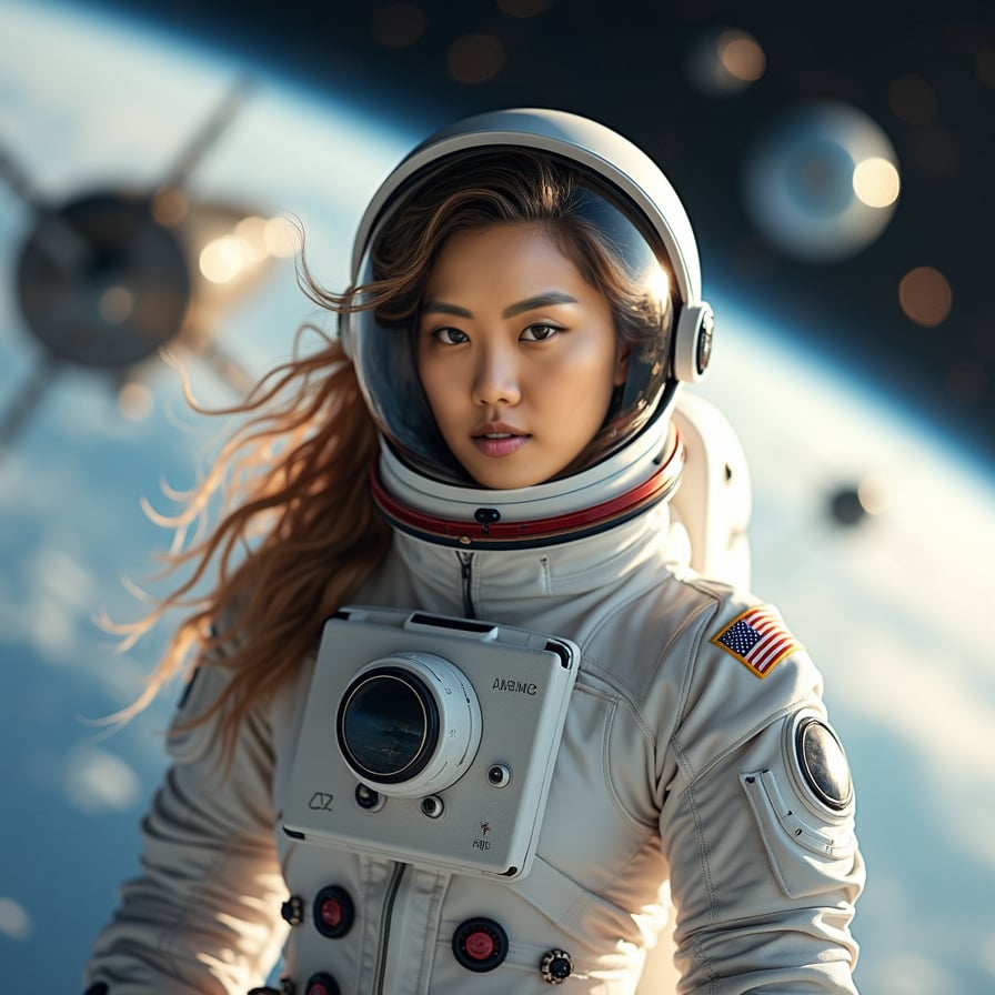 woman in astronaut attire, surrounded by floating satellites and celestial bodies, against a stunning backdrop of Earth from space, with a sense of weightlessness and futuristic technology