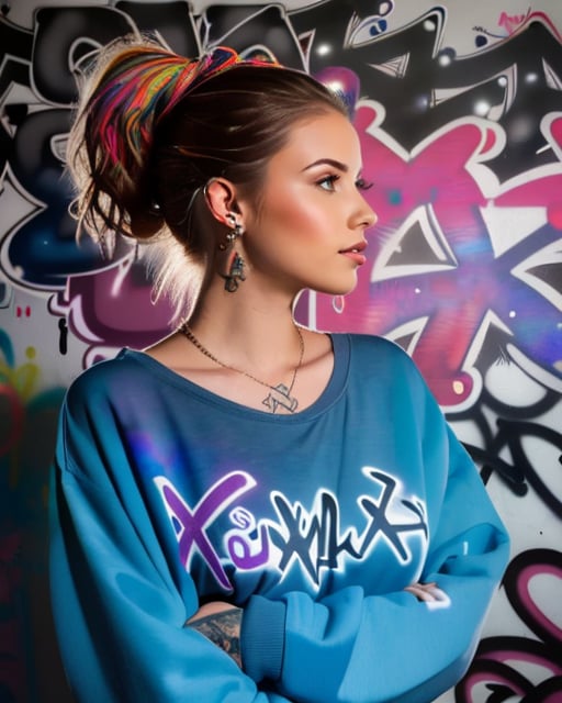 Punk style woman, graffiti alley, intricate details, noir vibe.