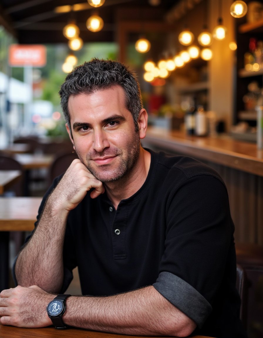 Chest-up shot of a bearded man in a black henley shirt, seated casually at a dimly-lit street bar. Warm hanging bulbs in background softly blurred. Posed with chin resting lightly on his hand, looking thoughtfully at camera. Golden hour lighting creates warm skin tones, realistic hair detail.