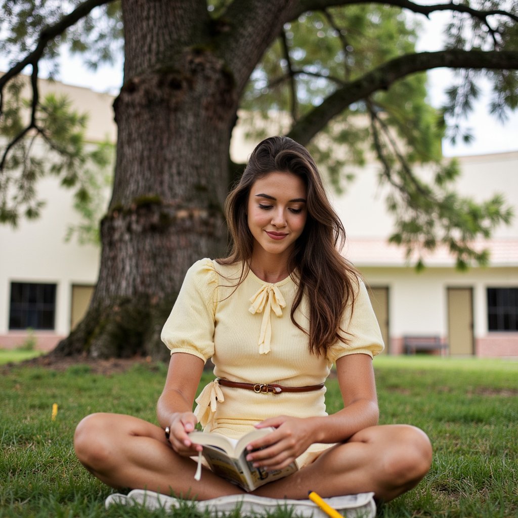 Highly realistic 1960s outdoor yearbook shot of a girl sitting cross-legged on the grass under a large oak tree, captured from a low angle with a 35mm lens. She wears a pastel yellow cotton dress with short puff sleeves, fine vertical ribbing visible in the fabric, and a fitted waistline. A thin brown leather belt cinches the dress, slightly worn at the holes. Her brunette hair is styled in loose waves, a white ribbon tied at the nape. She’s holding a paperback book in both hands, looking down at the page with a faint smile. Skin shows warm golden highlights along the cheek and nose, eyelashes casting delicate shadows. The background is a soft blur of dappled sunlight through leaves, with the texture of grass blades in the immediate foreground rendered in fine detail.