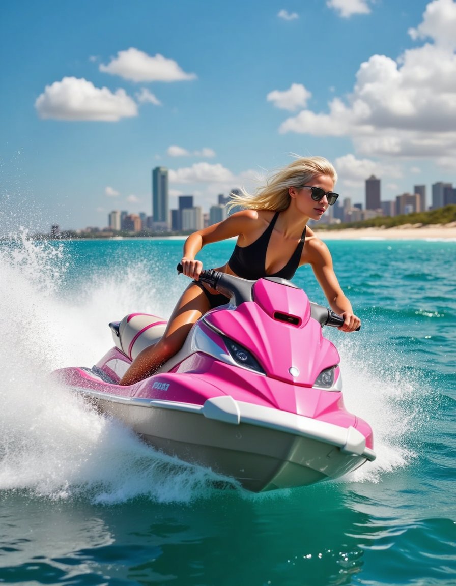 A high-action scene featuring a character on a jetski slicing through turquoise waters. Stylized water splashes arc into the air with cinematic clarity, while reflective highlights shimmer across the wet surface. Every droplet is rendered in motion, with dynamic lighting capturing the force and fluidity of high-speed movement. 