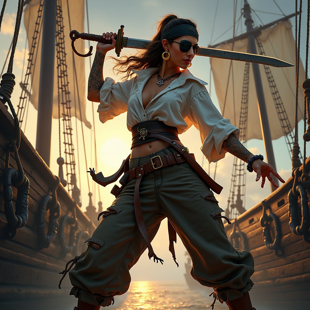 woman wielding a sword in a powerful, dynamic pose, dressed in rugged pirate attire with a flowing white shirt, billowy pants, and a wide leather belt, standing on the deck of a weathered pirate ship with tattered sails and a worn wooden hull, under the warm glow of a sunset with a hint of mist in the background, surrounded by ropes, anchors, and other nautical elements, with a sense of freedom and adventure.