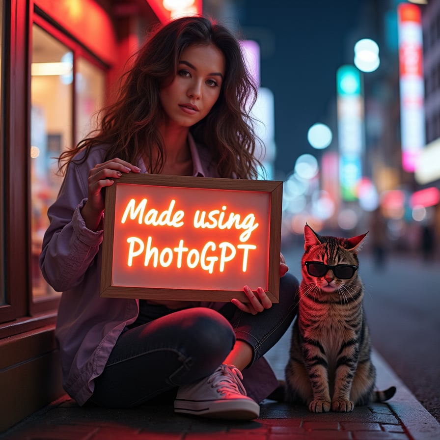 beautiful woman holding a sign that says "Made using PhotoGPT", tokyo night cityscape in background, neon hue lighting. There is a cat next to her foot wearing sunglasses and the cat is smoking a cigar.