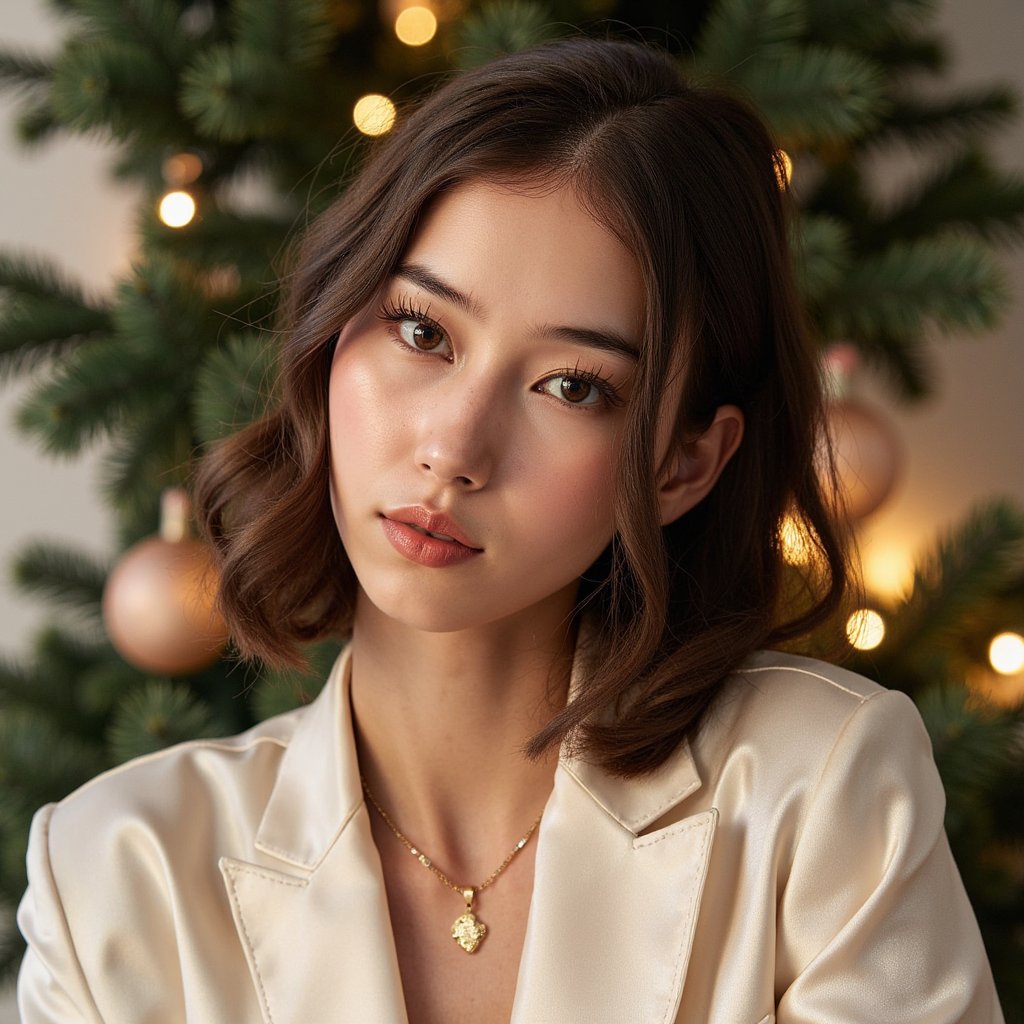 Head-and-shoulders portrait of a woman against a clean, elegant evergreen backdrop decorated with tiny warm fairy lights. She faces the camera calmly with a serene, Christmas-card expression. She wears a cream satin blouse with soft sheen and a gold pendant necklace.
Hair: voluminous soft curls parted to one side.
Makeup: holiday glam—soft shimmer eyeshadow, long curled lashes, warm pink lipstick.
Lighting: balanced beauty softbox from the front with a gentle hair-light from above to define curls.
Background: dark green pine branches with gentle glowing bokeh; minimal clutter, clean composition.
Camera: 85mm f/2.2; highly detailed, highly realistic, HDR, showing satin shine, hair texture, and precise bokeh.