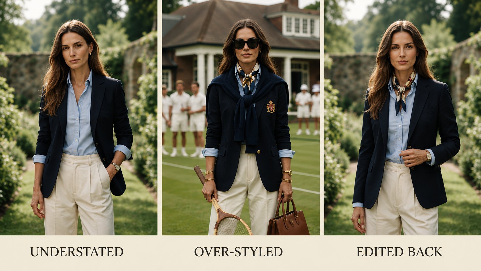 A look overloaded with old money signals like crests, scarves, and a vintage racket