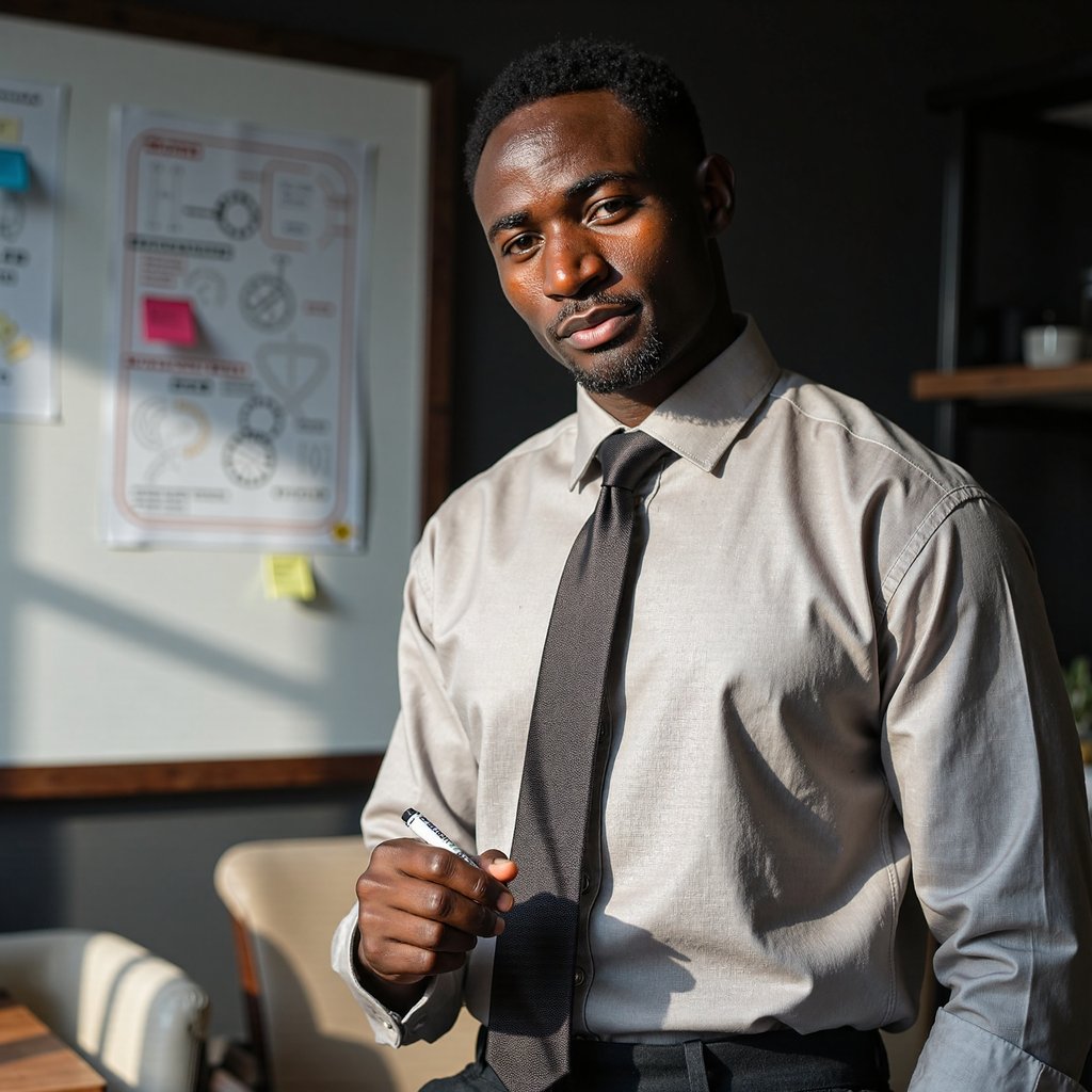 Highly detailed, highly realistic HDR office portrait of a man product manager in a light gray twill shirt with sleeves rolled, dark chinos, stubble neatly trimmed. Camera: 35mm lens, f/2.8, ISO 250, waist-up, slight diagonal angle from the side. Lighting: daylight from large window as main key, soft LED fill from ceiling; natural shadow cast on whiteboard behind. Pose: right hand holding marker mid-drawing, left hand in pocket, thoughtful engaged expression. Background: blurred whiteboard with a few neat diagrams and sticky notes, minimal clutter.