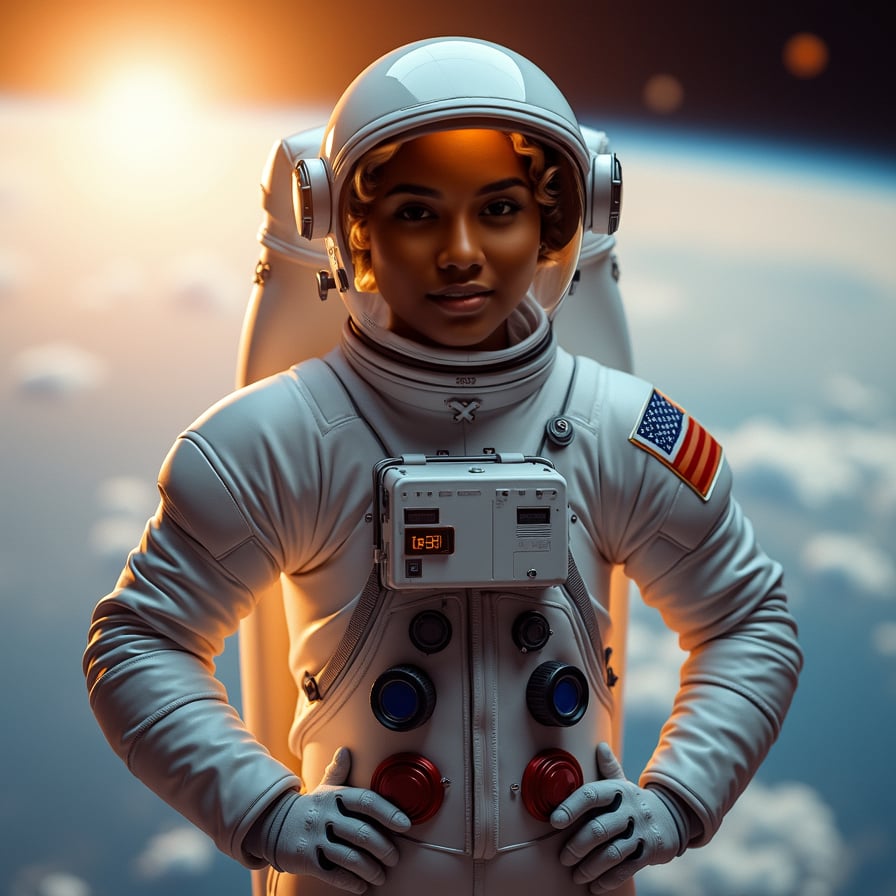 Female astronaut in spacecraft, reflective visor, starry surroundings.