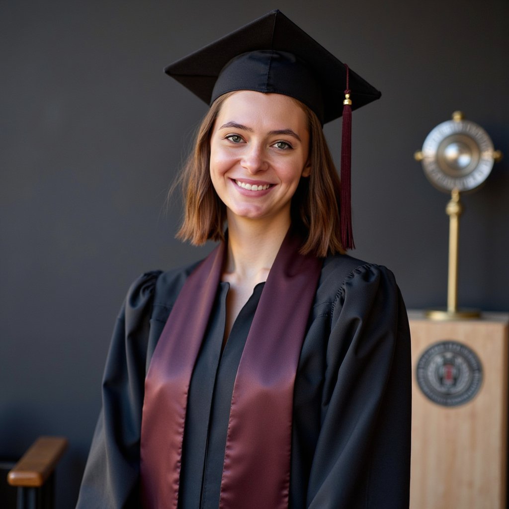 Portrait of a woman graduate, tight head-and-shoulders framing, wearing a matte black graduation gown with a burgundy satin stole and a fitted mortarboard (tassel draped on the right, silk threads visible); soft waves hairstyle tucked behind one ear, subtle natural makeup with defined lashes and soft rose lip; gentle confident smile, eyes bright; camera straight-on at eye level with a slight 3/4 shoulder turn; 85mm lens, f/2, ISO 100, 1/200s; clamshell lighting (large softbox above-camera + silver reflector below) for even skin, delicate catchlights; seamless dark gray backdrop with a faint, out-of-focus university seal pedestal off to one side; textures visible in the gown’s matte crepe folds and the stole’s satin sheen; minimal clutter, shallow depth of field, clean bokeh, ultra-sharp eyes, highly detailed, highly realistic, HDR.