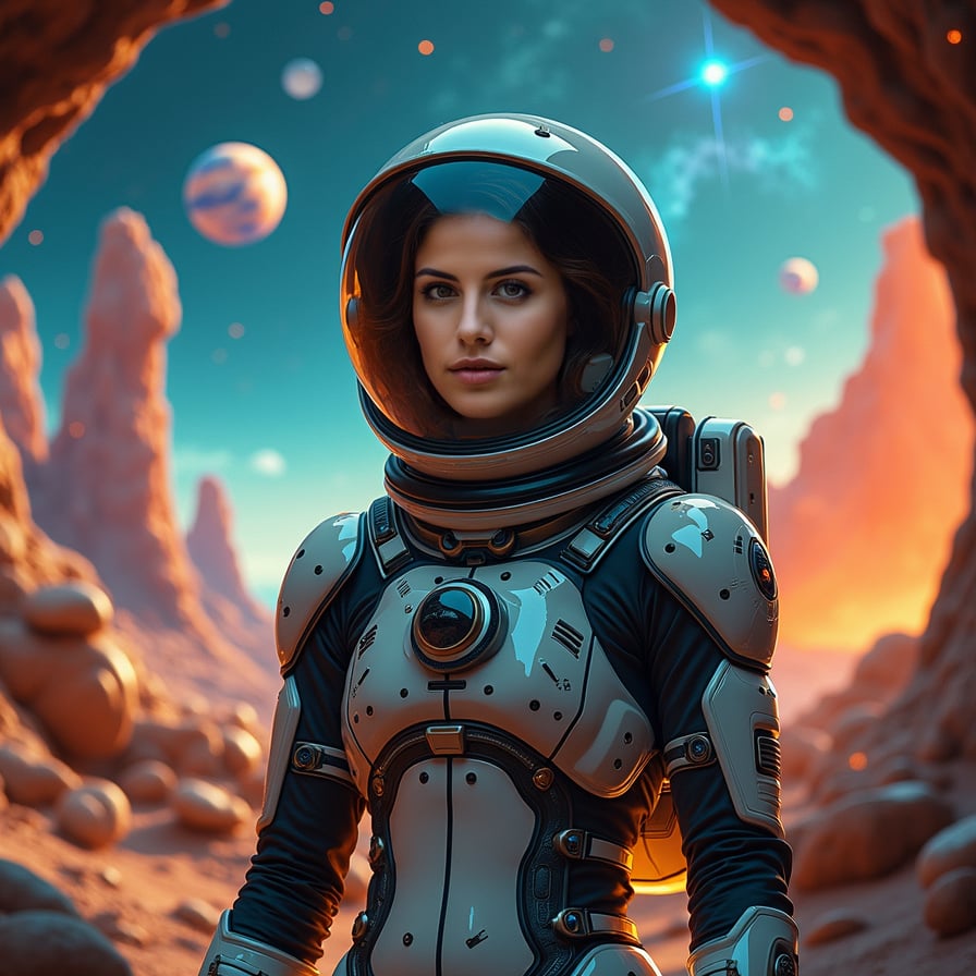 A woman stands in an alien landscape, facing the camera with a serene yet determined expression. She wears a sleek, advanced space suit, and behind her, exotic alien plants and glowing rocks dot the ground. The sky above is filled with planets, colorful nebulae, and distant stars, adding a mystical touch