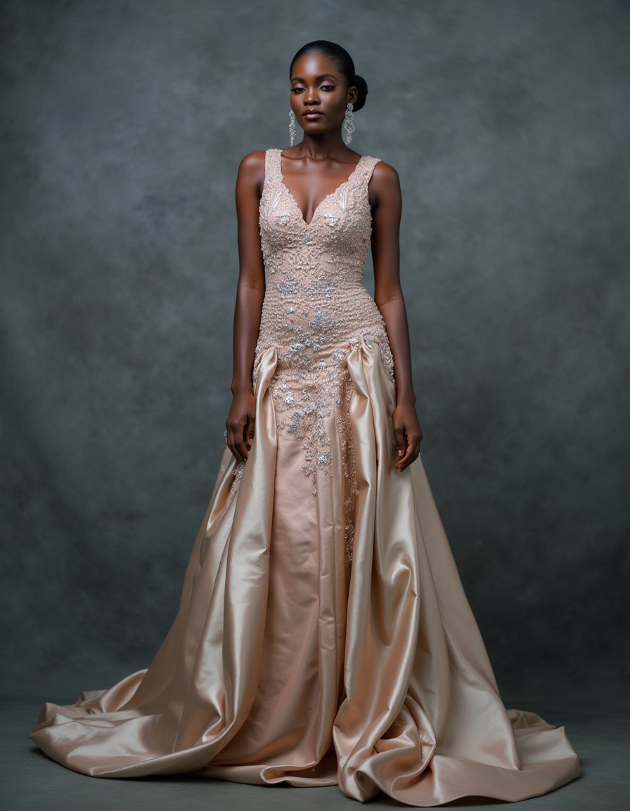 Stunning woman, multi-colored gown, plain wall, professional shot.