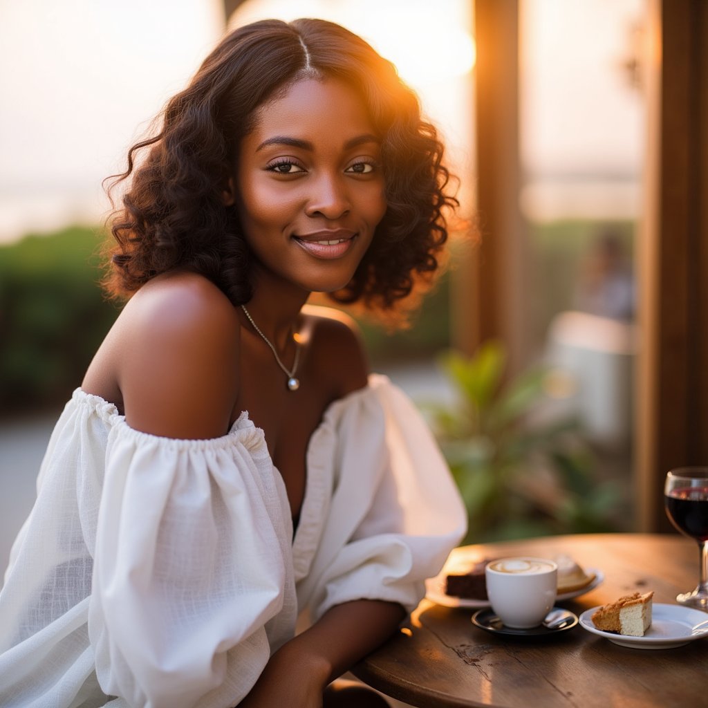 woman wearing a flowing, sheer white linen top, her shoulders gently exposed, revealing a delicate silver chain necklace with a small, iridescent pearl pendant. She is looking over her shoulder with a calm, relaxed smile, her loose curls cascading gracefully over one shoulder, catching the warm, golden light of a blurred sunset at the beach, creating delicate lens flare and realistic skin highlights on her cheek and collarbone in this side-profile close-up.