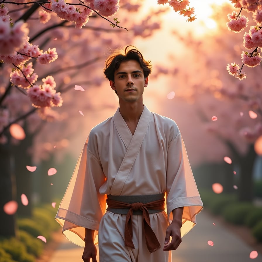 A young man in a traditional Japanese kimono walks under a canopy of pink sakura trees, petals gently falling around him. The setting sun casts a golden glow, creating a serene and dreamlike atmosphere.