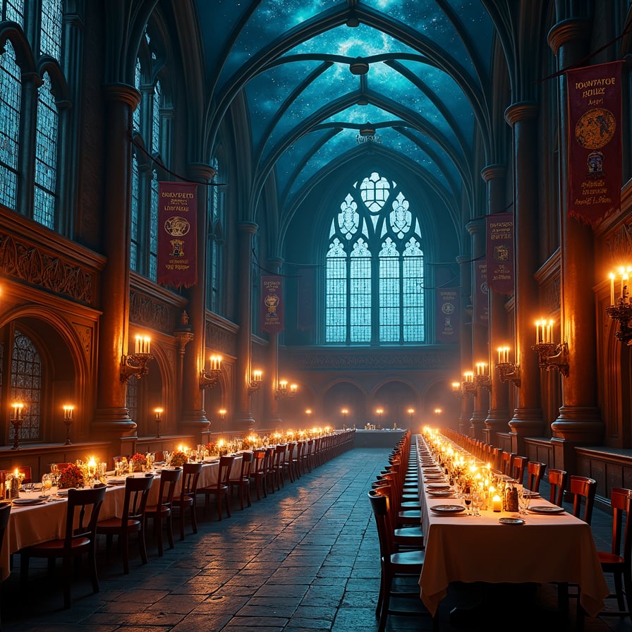 A picturesque view of the Great Hall at Hogwarts, complete with floating candles, enchanted ceiling showing a starry night, and long dining tables set with festive food. Include intricate details like glowing lanterns and Hogwarts house banners hanging in the background.
