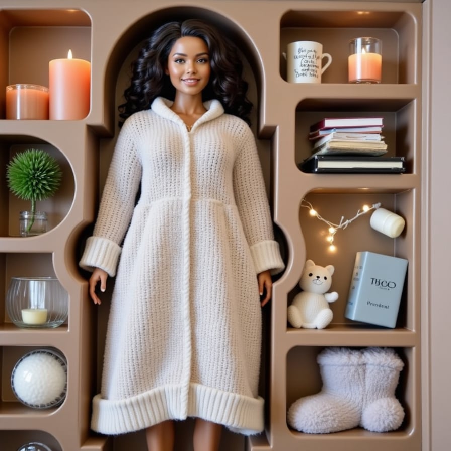 Wrapped in a chunky knit blanket, this figure holds a book in one hand and hot cocoa in the other. Includes: candles, fuzzy socks, sleepy cat figure, and fairy lights.