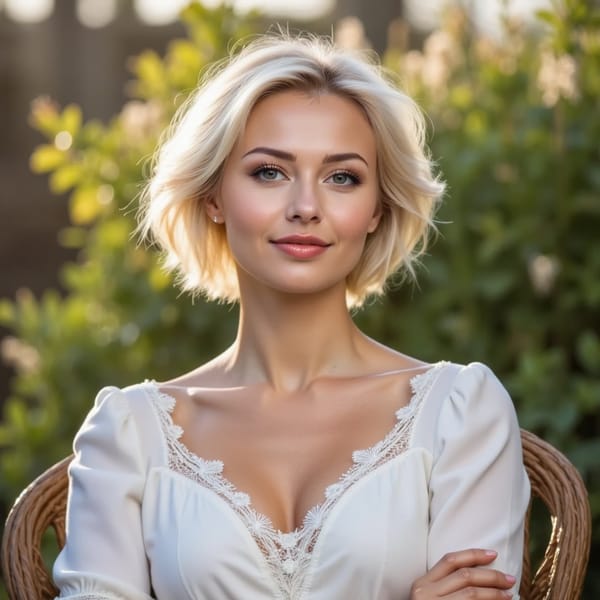 A classic portrait of a mature woman with a gentle smile, her silver hair styled in an elegant bob, and her warm, golden-brown skin complemented by soft, natural light. She wears a pearl necklace and a vintage, lace-trimmed white blouse, exuding a sense of sophistication and warmth. The subject sits in a relaxed, three-quarter pose, her eyes gazing softly into the distance, set against a serene, blurred background of a lush, green garden with subtle hints of a rustic wooden fence. The overall composition is a timeless, high-key studio portrait with a focus on capturing her kind, gentle personality.