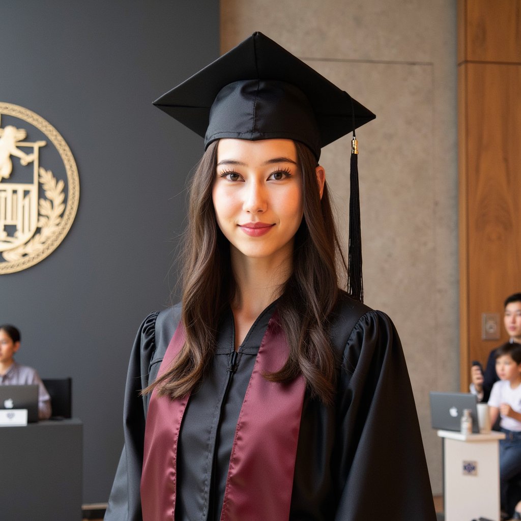 Portrait of a woman graduate, tight head-and-shoulders framing, wearing a matte black graduation gown with a burgundy satin stole and a fitted mortarboard (tassel draped on the right, silk threads visible); soft waves hairstyle tucked behind one ear, subtle natural makeup with defined lashes and soft rose lip; gentle confident smile, eyes bright; camera straight-on at eye level with a slight 3/4 shoulder turn; 85mm lens, f/2, ISO 100, 1/200s; clamshell lighting (large softbox above-camera + silver reflector below) for even skin, delicate catchlights; seamless dark gray backdrop with a faint, out-of-focus university seal pedestal off to one side; textures visible in the gown’s matte crepe folds and the stole’s satin sheen; minimal clutter, shallow depth of field, clean bokeh, ultra-sharp eyes, highly detailed, highly realistic, HDR.