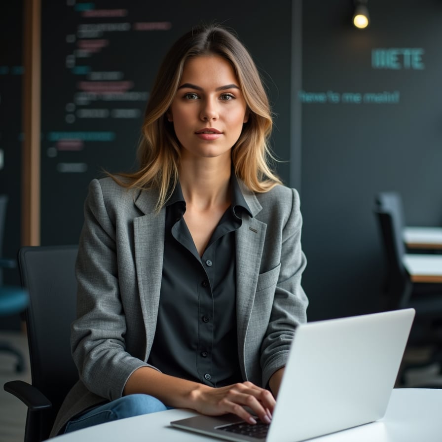 A woman in a modern co-working space, wearing a casual blazer and jeans, sitting with a laptop on her lap. She looks confidently into the camera, with coding lines or digital graphics subtly layered in the background