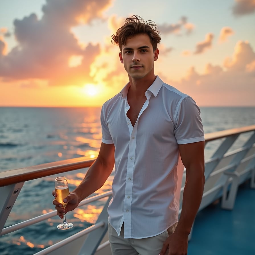 Fitness on Deck: The model is in activewear, engaged in a workout session on the ship’s sports deck or fitness center. he’s performing an exercise or stretching with the ocean in the background, showcasing a blend of fitness and luxury.