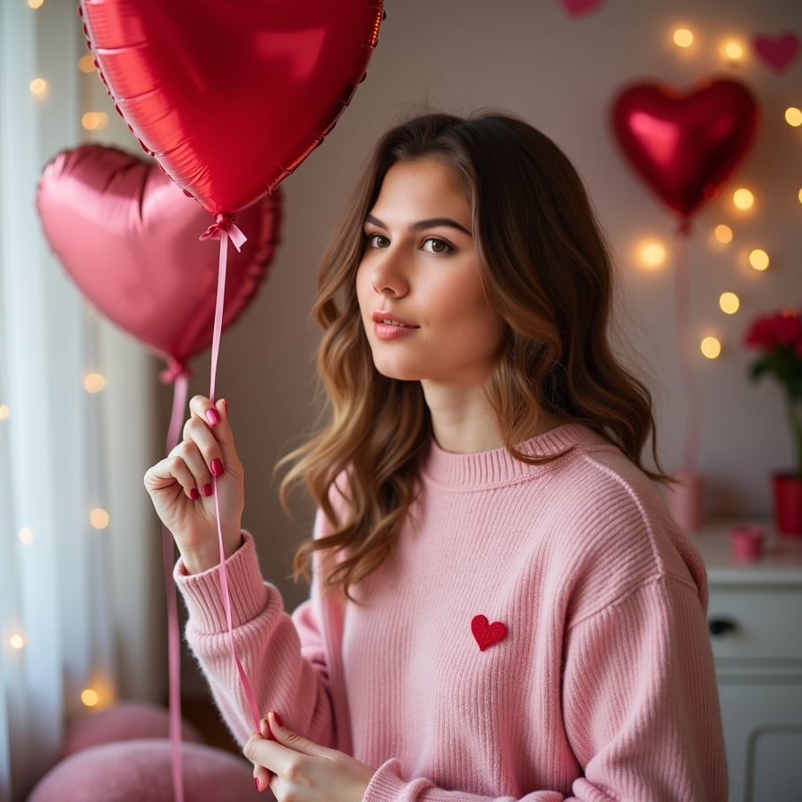 A model wearing a cute, pink Valentine's Day sweater, holding a heart-shaped balloon in a room filled with romantic decorations.