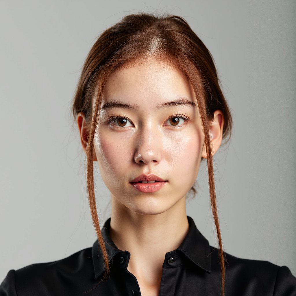 A highly detailed HDR passport-style headshot of a woman in her late 30s. She has auburn hair styled in a neat low bun, with a smooth side part. She wears a simple black blouse with a matte texture and minimal structure. Lighting is neutral, evenly diffused, with a slight top-fill to soften features without removing natural detail. Background is a light gray gradient fading subtly from lighter in the center to slightly darker near the edges, still fully clean and distraction-free. Camera angle is centered and level. Her expression is relaxed and neutral. The image shows fine details such as natural skin texture, hair color nuances, and fabric matte finish. Polished and ideal for official documentation.