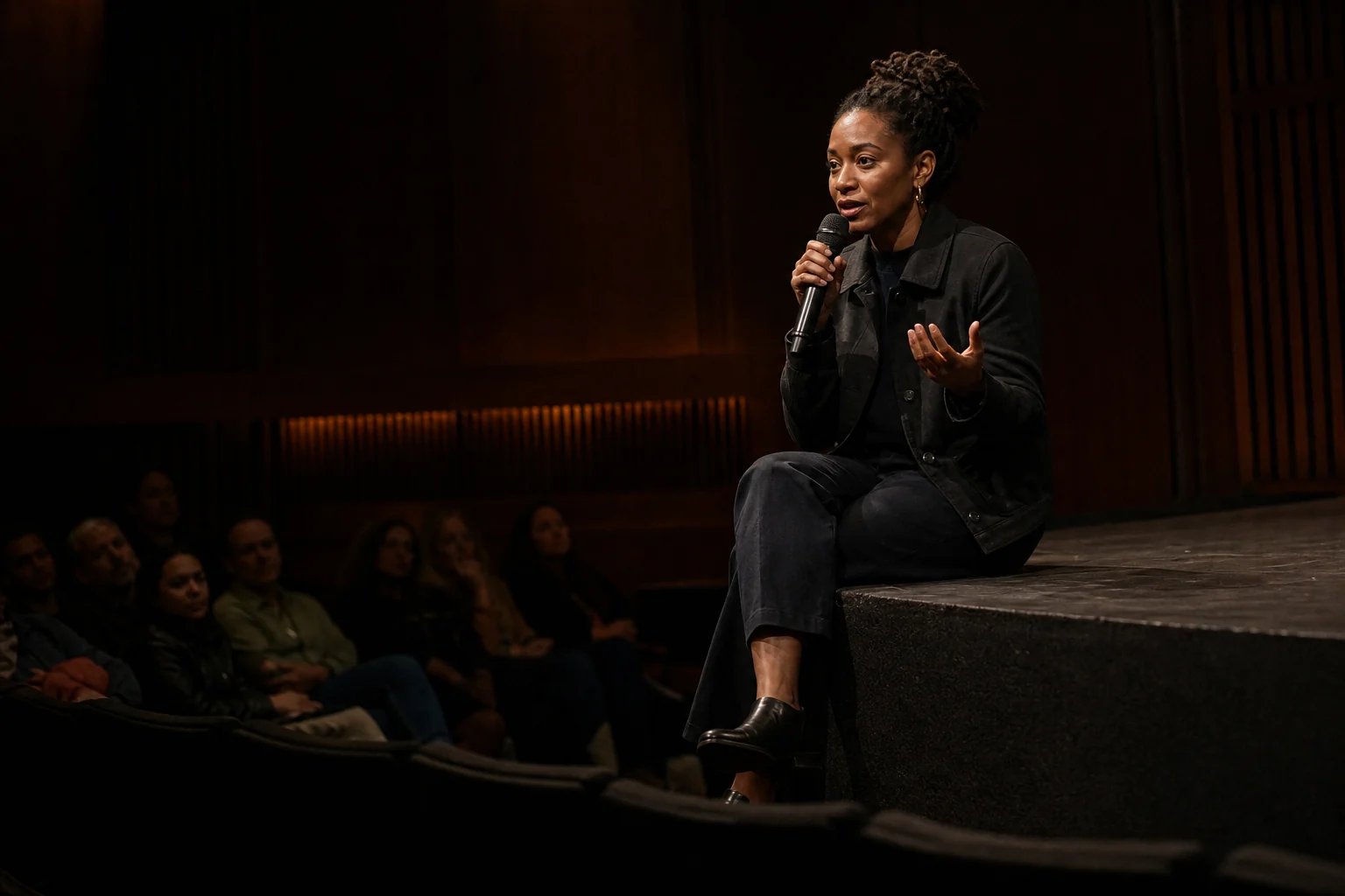 A filmmaker holding a microphone while answering a question from a dim theater audience