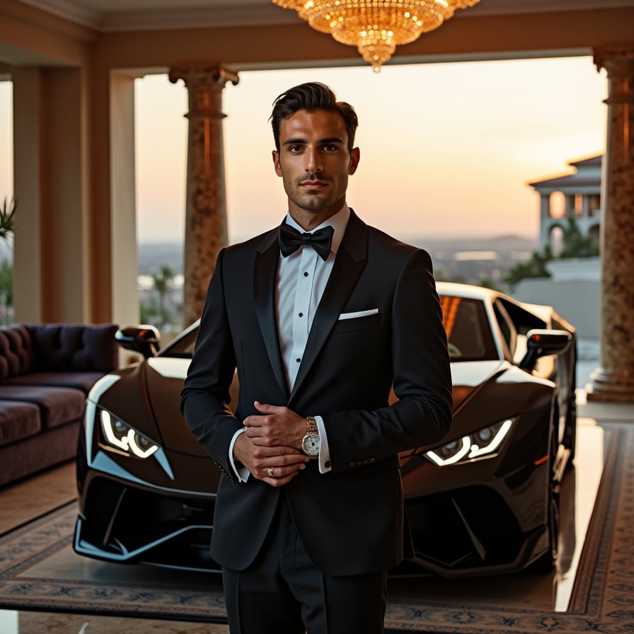man in luxurious attire, adorned with expensive watch and cufflinks, standing in front of a sleek black sports car, with a mansion in the background, under warm sunset lighting.