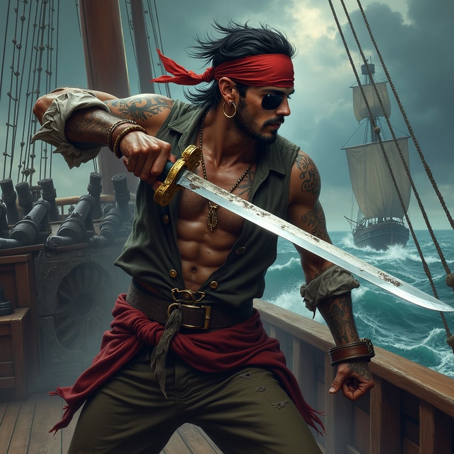 man in rugged pirate attire, wielding a sword with intensity, standing on the deck of a pirate ship amidst a chaotic battle scene, with cannons and rigging in the background, under a dark and stormy sky