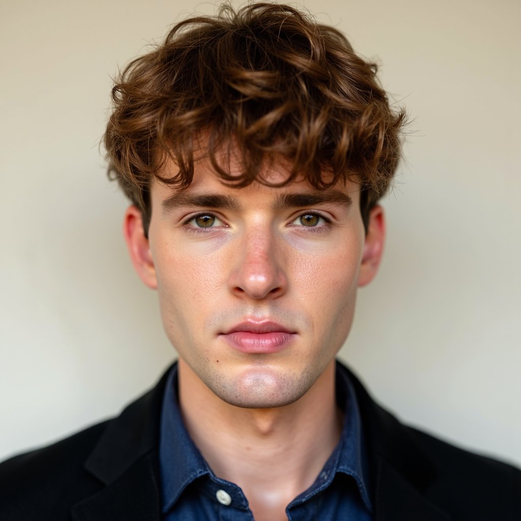 A highly realistic, highly detailed HDR professional passport photo of a man in his late 20s. He has sandy brown hair styled neatly with a slight side part, clean-shaven face, and a warm skin tone. He wears a navy blue button-down shirt with a soft cotton texture. Lighting is gentle and slightly warm-toned, giving a natural complexion without shadows. The background is a soft, warm beige with a nearly imperceptible gradient blur. Camera is set perfectly at eye level for a neutral, regulation-style headshot. His face is perfectly centered, expression relaxed and neutral. Fine details like shirt fabric threads, subtle facial pores, and soft reflections in his eyes are visible. Very polished and professional.