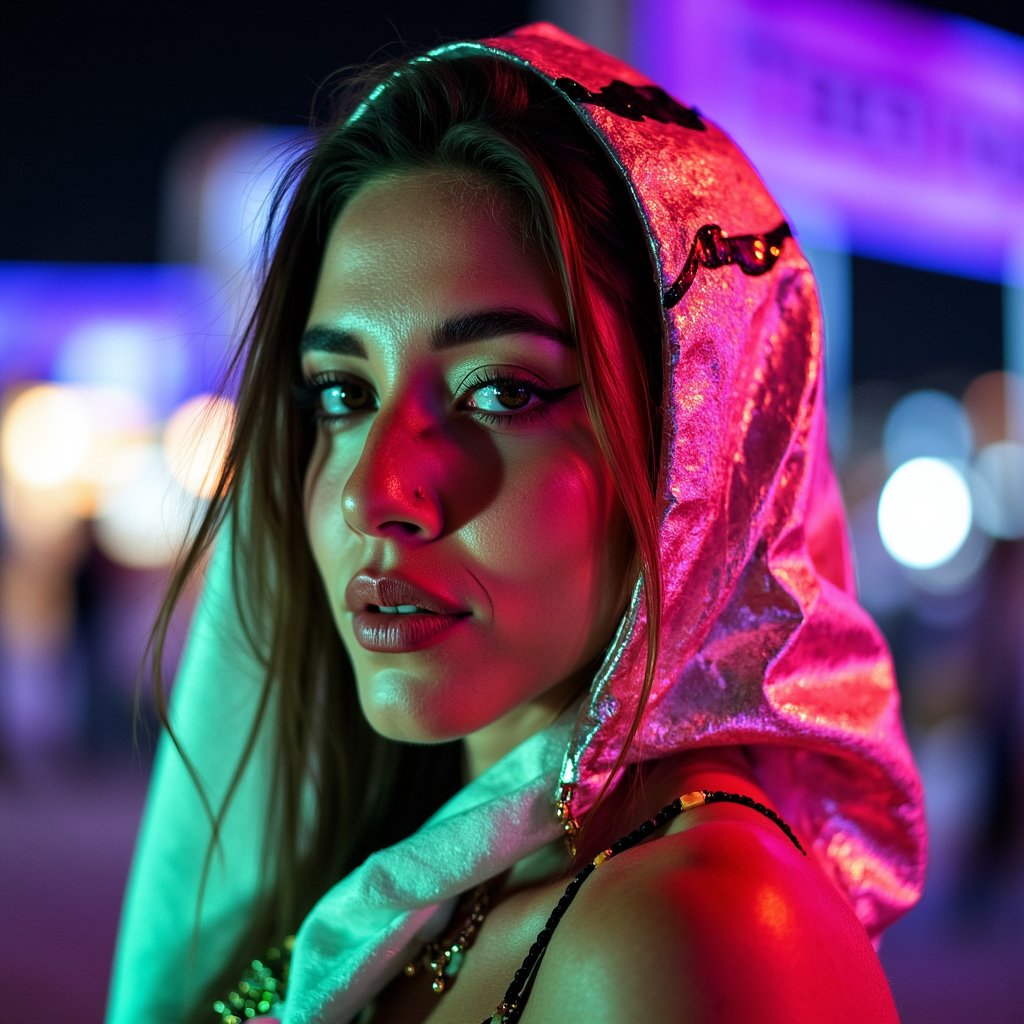 Headshot of a serene woman bathed in neon light, wearing a metallic hood and tribal markings, desert night ambiance, captured at Burning Man 2025