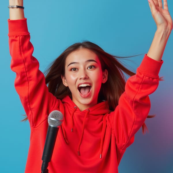 A female content creator mid-20s, tight waist-up, positioned slightly left, wide-eyed excitement, mouth open in a big smile, hands thrown up in a celebratory pose. Facial details: radiant skin, defined eyes with sharp catchlights, soft lip gloss. Outfit: bright, bold red hoodie, slight fabric texture visible, smooth fit. Hair: long, wavy hair with volume, flying slightly as if caught in movement. Pose: arms up, head tilted back slightly in enthusiasm. Camera: 35mm lens, shallow DOF, face crisp and in focus. Lighting: bright front-facing key light, clean shadows for depth. Background: vibrant solid color (electric blue or neon pink), minimal clutter, large negative space on the right for the text overlay. Style: highly realistic, HDR, bold and eye-catching for thumbnails.