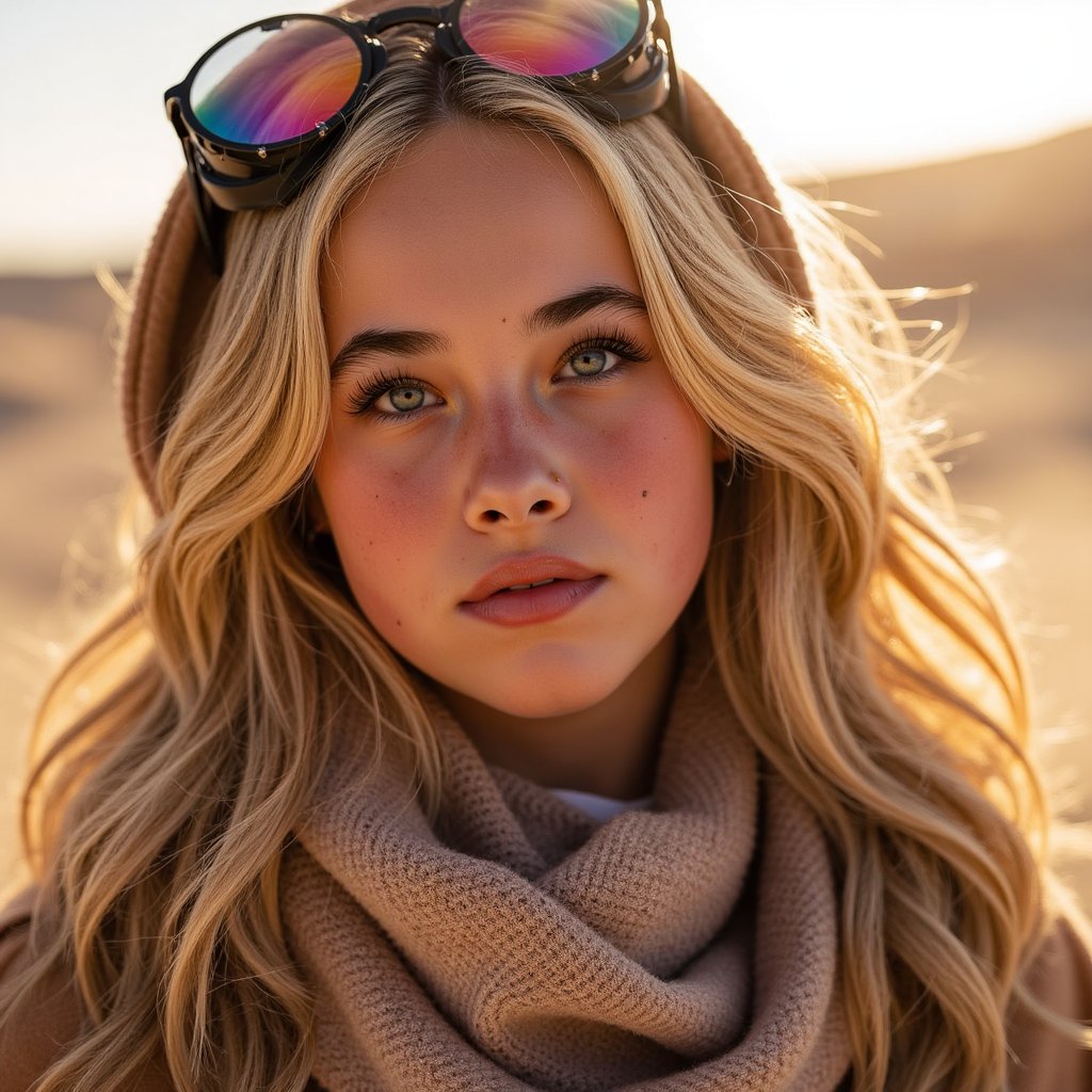 Portrait of a desert festival-goer at Burning Man 2025, reflective goggles, dust-covered scarf, windblown hair, golden hour desert lighting