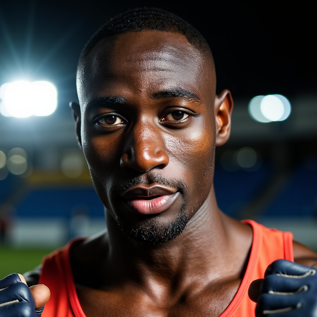 Close-up portrait of a male sprinter with clenched jaw and racing gloves on, und