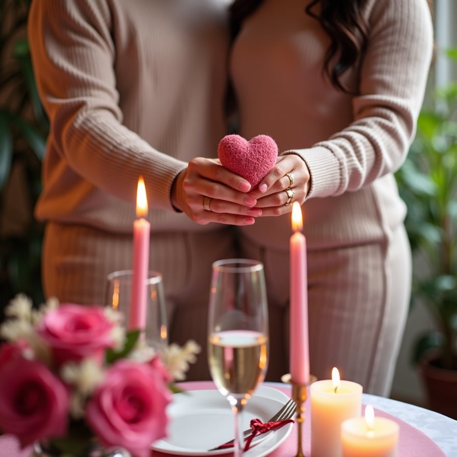 A couple holding hands while wearing matching Valentine's Day outfits, standing beside a table set for two with candles, champagne glasses, and a bouquet of roses.