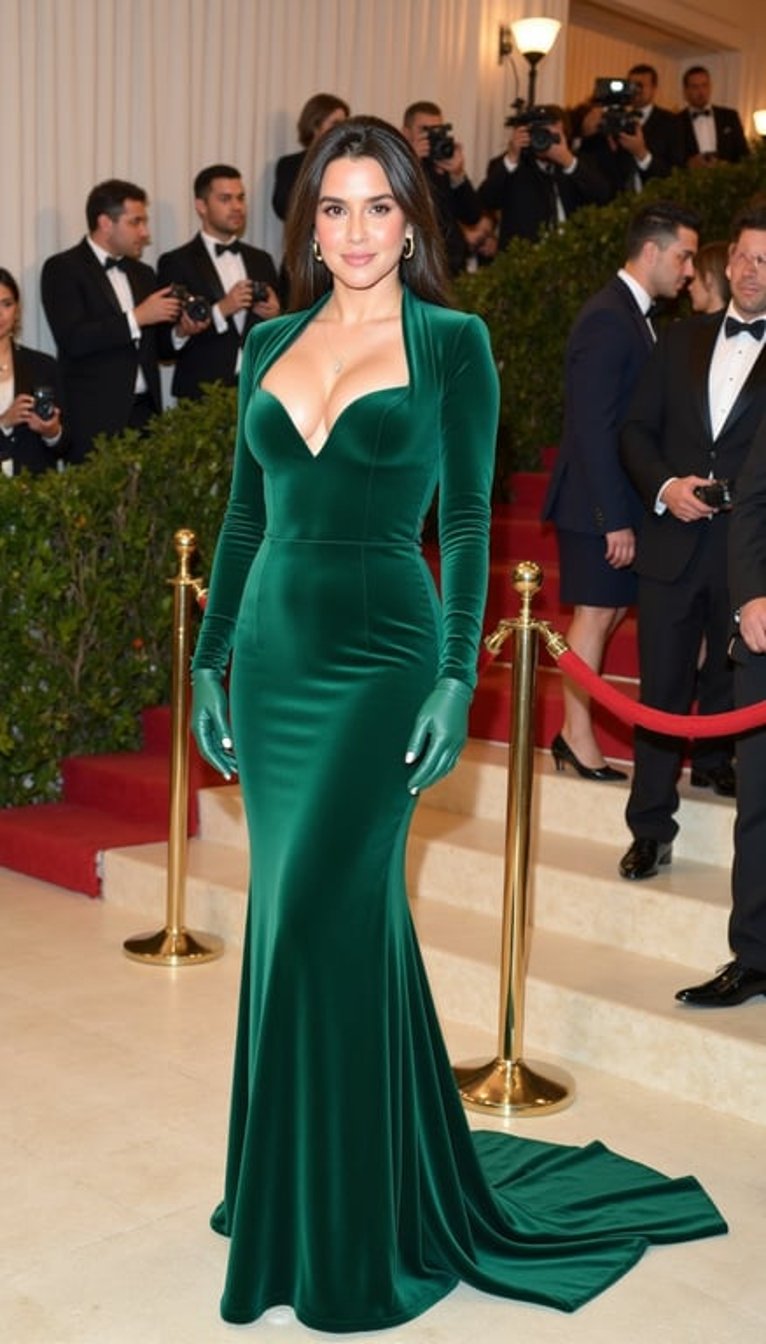 A glamorous woman on a luxury gala red carpet wearing a bright emerald-green velvet gown inspired by classic 1940s elegance. The dress has a deep structured neckline, fitted waist, long sleeves, dramatic side draping, and a sweeping floor-length train. Add emerald earrings, soft vintage curls, satin gloves, and refined makeup. Background shows paparazzi flashes, black-tie guests, green hedges, and floral walls. Ultra-realistic, rich texture, timeless couture fashion photography.